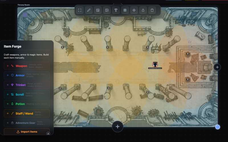 Lumen VTT product preview showing maps, linked rooms, tokens, and music tools on the game board.