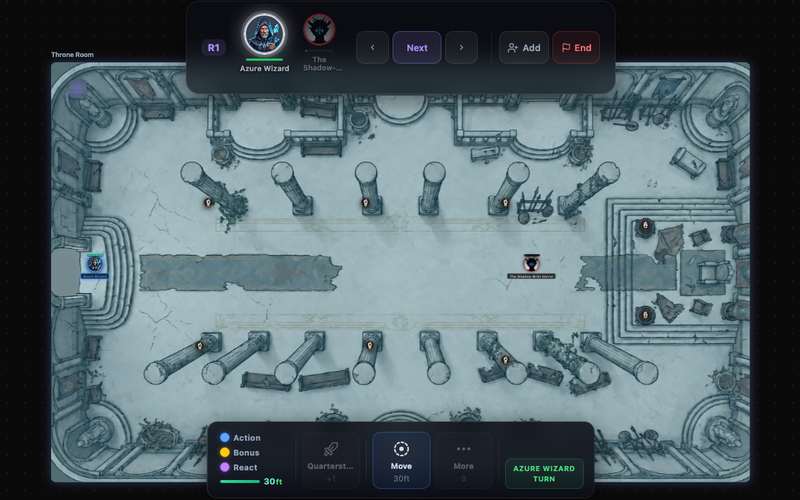 Lumen VTT product preview showing D&D 5e targeting, rolls, damage, saves, and combat log feedback.