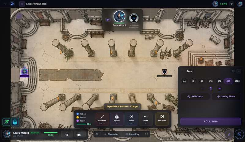 Lumen VTT product preview showing D&D 5e targeting, rolls, damage, saves, and combat log feedback.