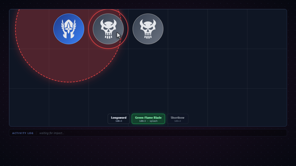 Lumen VTT product preview showing D&D 5e targeting, rolls, damage, saves, and combat log feedback.